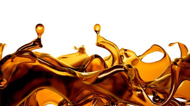 Beyaz arka planda şeffaf turuncu sıvı sıçramış. 3d görüntüleme, 3d illüstrasyon.