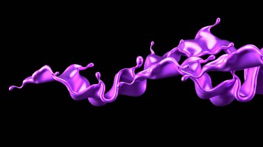 Mor sıçrama sıvısı siyah arka plan. 3d görüntüleme, 3d illüstrasyon.