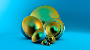 Stüdyoda bir dağ ve elementlerle soyut minimalizm var. 3d görüntüleme, 3d illüstrasyon.