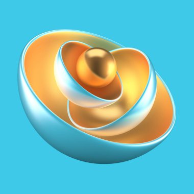 Topları, metali, altını olan soyut bir turkuaz arka plan. 3d görüntüleme, 3d illüstrasyon.