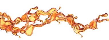 Beyaz arka planda şeffaf turuncu sıvı sıçramış. 3d görüntüleme, 3d illüstrasyon.