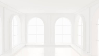Pencereleri olan lüks, beyaz bir iç mekan. 3d görüntüleme, 3d illüstrasyon.