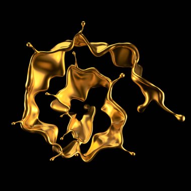 Şatafatlı altın bir sıvı sıçraması. 3d görüntüleme, 3d illüstrasyon.