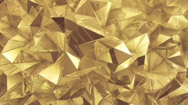 Sarı altın kristal arka plan ve üçgenler. 3d görüntüleme, 3d illüstrasyon.