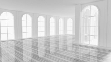 Pencereleri olan lüks, beyaz bir iç mekan. 3d görüntüleme, 3d illüstrasyon.