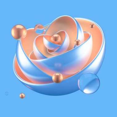 Topları, metali, altını olan soyut gri arkaplan. 3d görüntüleme, 3d illüstrasyon.