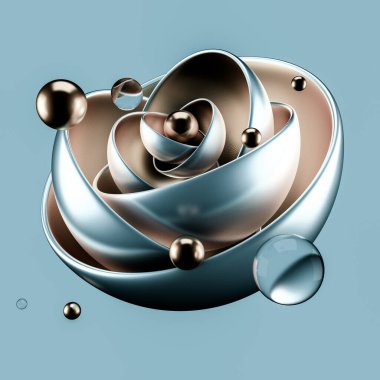 Topları, metali, altını olan soyut gri arkaplan. 3d görüntüleme, 3d illüstrasyon.