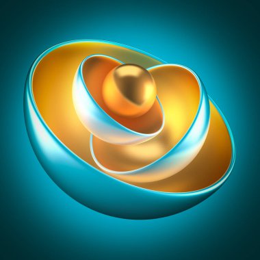 Topları, metali, altını olan soyut bir turkuaz arka plan. 3d görüntüleme, 3d illüstrasyon.