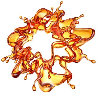 Beyaz arka planda şeffaf turuncu sıvı sıçramış. 3d görüntüleme, 3d illüstrasyon.
