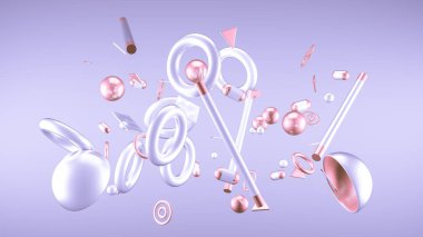 Mor soyut minimalizm, uçan nesneler ve şekillerle. 3d görüntüleme, 3d illüstrasyon.