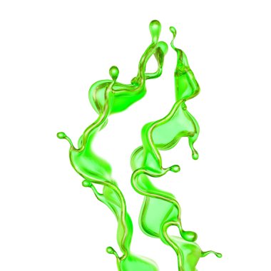 Beyaz arka planda şeffaf yeşil bir sıvı sıçraması. 3d görüntüleme, 3d illüstrasyon.