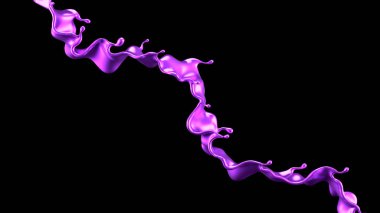 Mor sıçrama sıvısı siyah arka plan. 3d görüntüleme, 3d illüstrasyon.