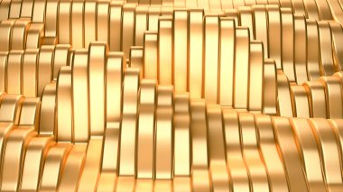 Dalgalar ve çizgilerle altın metal arka plan. 3d görüntüleme, 3d illüstrasyon.