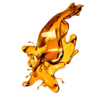 Beyaz arka planda şeffaf turuncu sıvı sıçramış. 3d görüntüleme, 3d illüstrasyon.