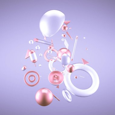 Mor soyut minimalizm, uçan nesneler ve şekillerle. 3d görüntüleme, 3d illüstrasyon.