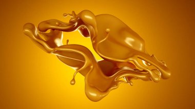 Sarı arka planda altın karamel sıçraması. 3d görüntüleme, 3d illüstrasyon.