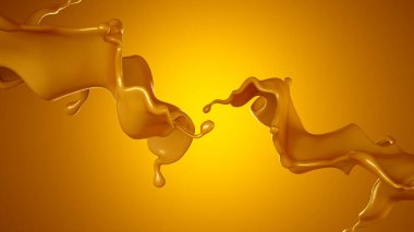 Sarı arka planda altın karamel sıçraması. 3d görüntüleme, 3d illüstrasyon.