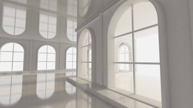 Pencereleri olan lüks, beyaz bir iç mekan. 3d görüntüleme, 3d illüstrasyon.