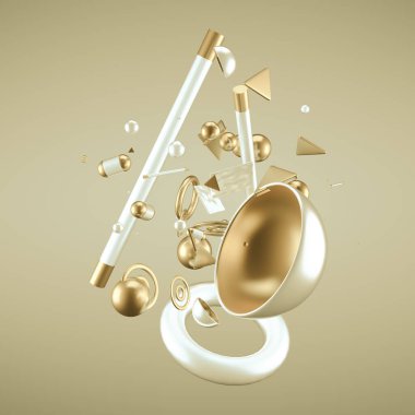 Sarı soyut minimalizm, uçan nesneler ve şekiller. 3d görüntüleme, 3d illüstrasyon.