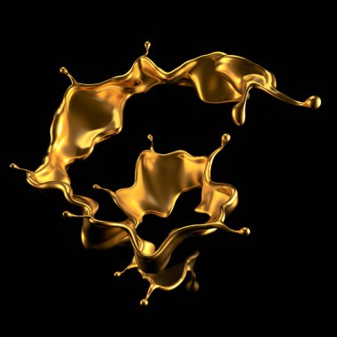 Şatafatlı altın bir sıvı sıçraması. 3d görüntüleme, 3d illüstrasyon.