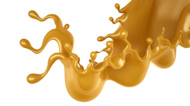 Beyaz arka planda altın karamel sıçraması. 3d görüntüleme, 3d illüstrasyon.