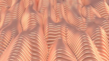 Dalgalı ve çizgili pembe metalik zemin. 3d görüntüleme, 3d illüstrasyon.