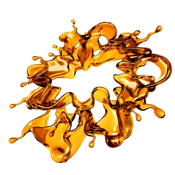 Beyaz arka planda şeffaf turuncu sıvı sıçramış. 3d görüntüleme, 3d illüstrasyon.