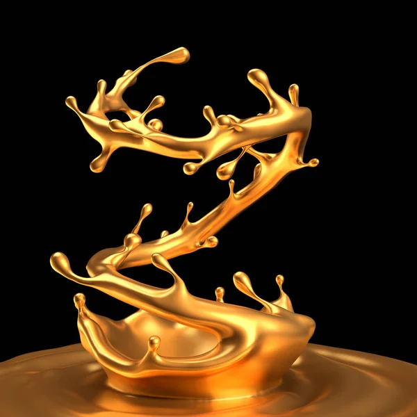 Gold splash liquid black background. 3d rendering, 3d illustration.