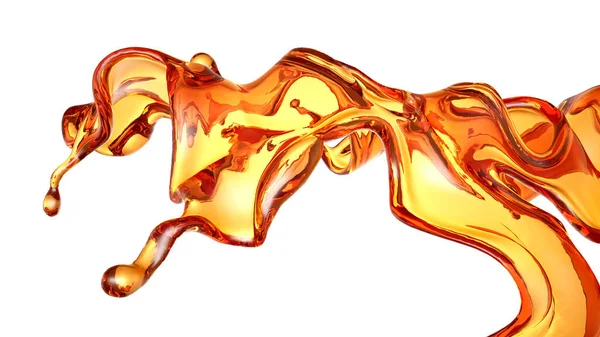 白色の背景に透明なオレンジ色の液体のスプラッシュ 3Dレンダリング 3Dイラスト — ストック写真