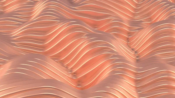 Dalgalı ve çizgili pembe metalik zemin. 3d görüntüleme, 3d illüstrasyon.