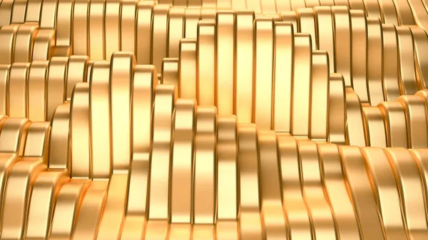 Dalgalar ve çizgilerle altın metal arka plan. 3d görüntüleme, 3d illüstrasyon.