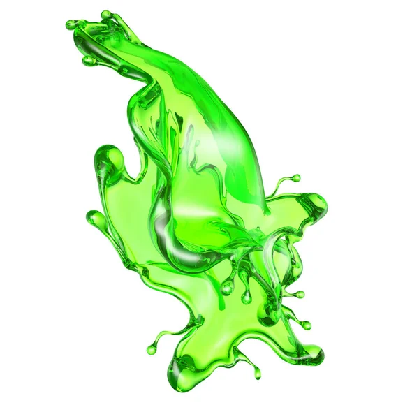 Splash Líquido Transparente Uma Cor Verde Fundo Branco Renderização Ilustração — Fotografia de Stock