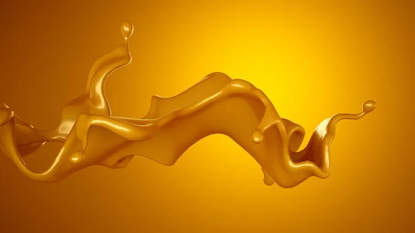 Złoty Plusk Karmelu Żółtym Tle Renderowanie Ilustracja — Zdjęcie stockowe