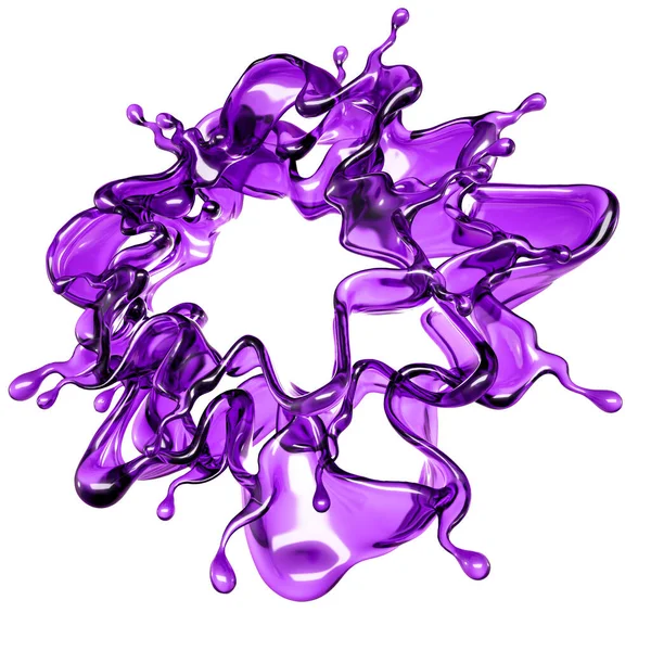 白い背景に紫色の透明な液体のスプラッシュ 3Dレンダリング 3Dイラスト — ストック写真