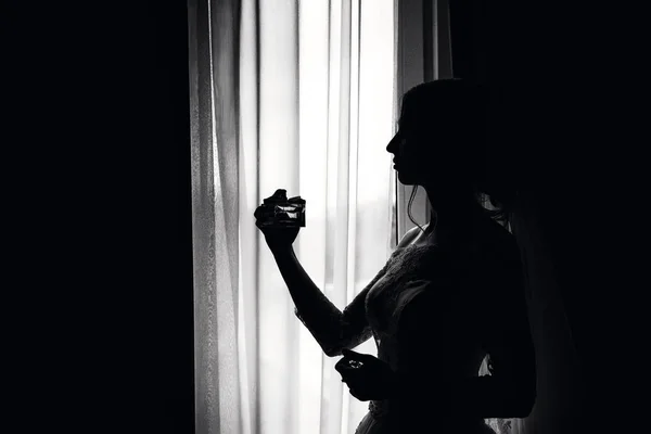 Silhouette in bianco e nero di un'elegante sposa alla finestra — Foto Stock