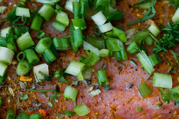 Мясо красной рыбы со специями и зеленью — стоковое фото
