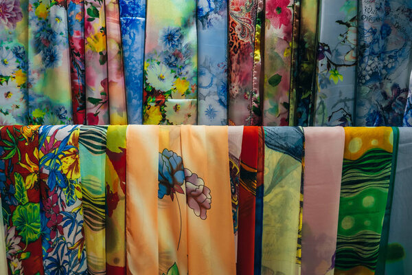 DA LAT, VIETNAM - MARCH 9, 2017: Silk scarfs at a silk factory XQ in Da Lat