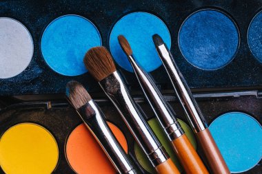 renkli göz gölgeler ile bir palet üzerinde makyaj fırçaları seti