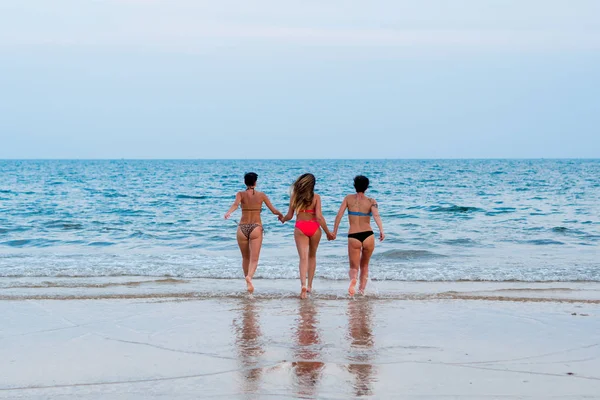 Mui ne, Vietnam - 11. März 2017: Drei lesbische Freundinnen laufen am Strand im Meer zurück — Stockfoto