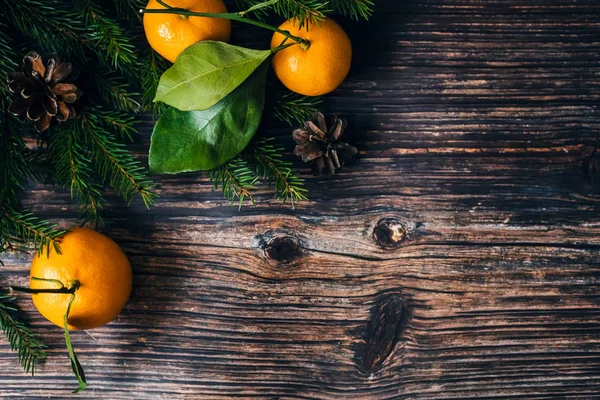Mandalina, çam dalları ve çam kozalakları Noel arka plan. Tarçın, Yıldız anason ve kopya alanı kış tatil çerçeve. Düz yatıyordu üstten görünüm