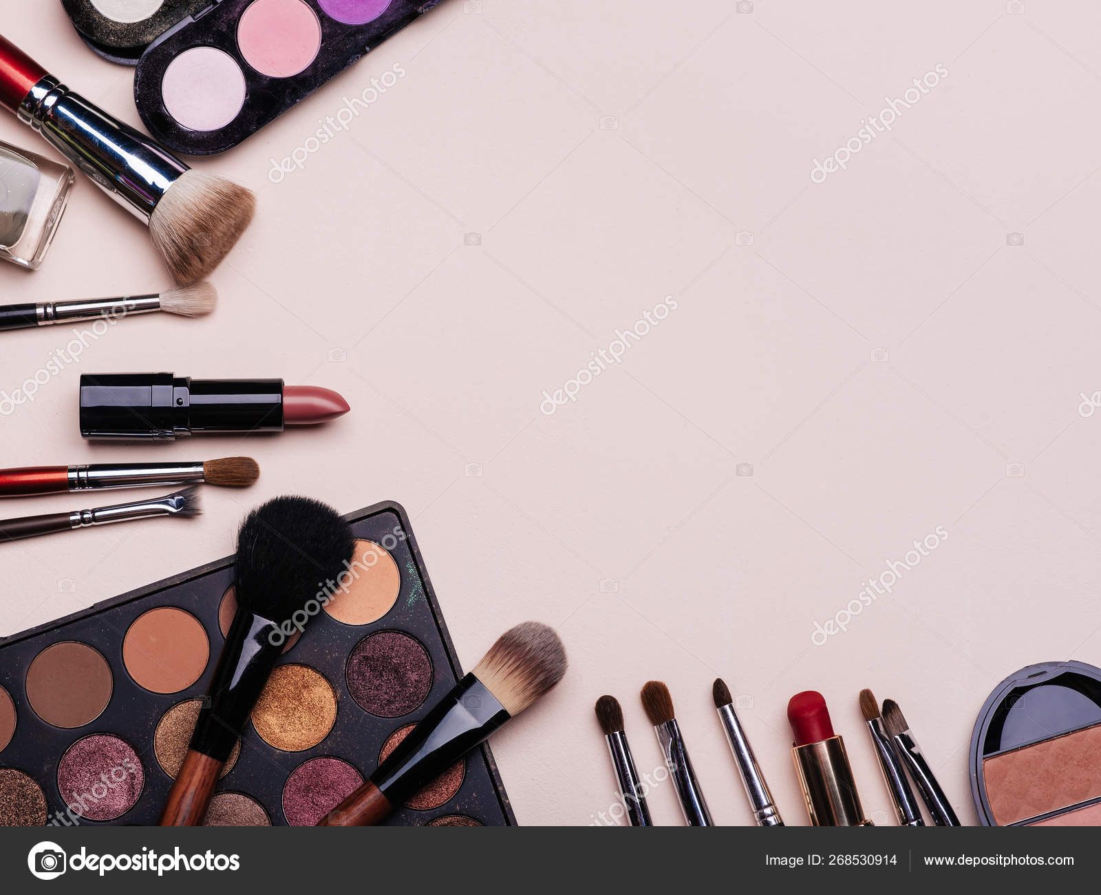 Set of professional cosmetics, makeup products and accessories for beauty. Brushes, shadows, lipstick, blush Stock by 268530914