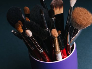 profesyonel makyaj fırçaları koyu arka plan üzerinde ayarla