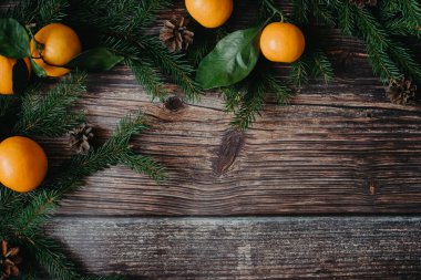 Mandalina, çam dalları ve çam kozalakları Noel arka plan. Tarçın, Yıldız anason ve kopya alanı kış tatil çerçeve. Düz yatıyordu üstten görünüm