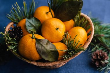 Mandalina ahşap sepet ve çam kozalakları ve dalları