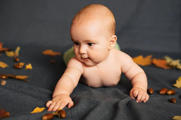 Menino recém-nascido encontra-se no fundo do outono com folhas de bordo e bolotas — Fotografia de Stock