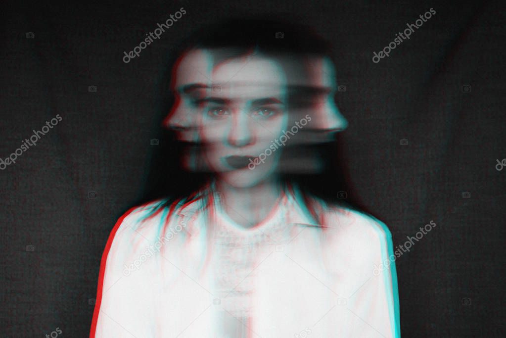 black and white portrait of a girl with a split personality and psychological disorders with a glitch effect