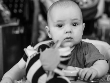 Walker 'daki erkek bebeğin siyah beyaz portresi.