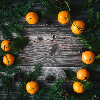 Mandalina ve çam dalları ve çam kozalakları Noel tebrik kartı