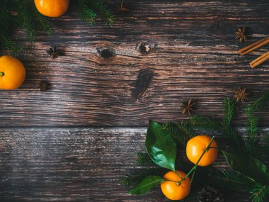 Mandalina ve çam dalları ile Noel arka plan. Kış tatil kartı için yeni yıl