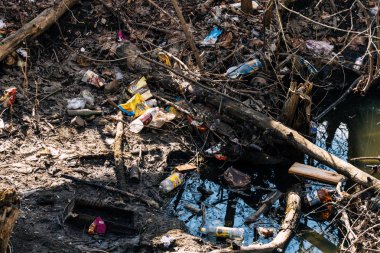 Vichuga, Rusya - 21 Nisan 2019: Plastik şişeler ve diğer çöp kirlenmesi su ve nehir kıyısı